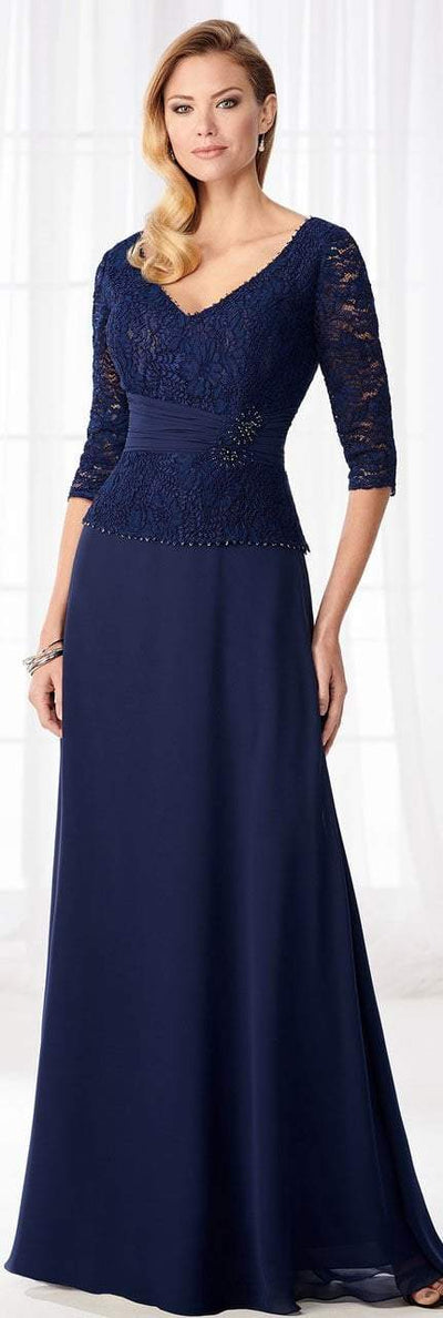 Cameron Blake - 218623 Lace Peplum A-Line Evening Gown in Blue