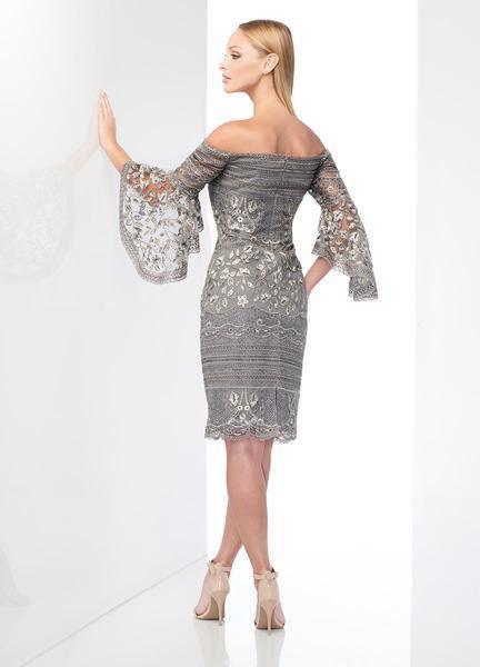 Social Occasions by Mon Cheri - 218801 Embroidered Lace Sheath Dress In Gray and Multi-Color