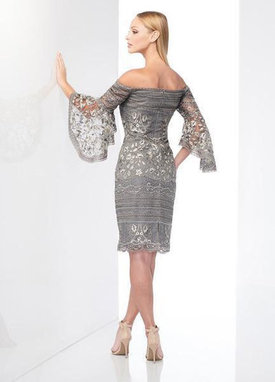 Social Occasions by Mon Cheri - 218801 Embroidered Lace Sheath Dress In Gray and Multi-Color
