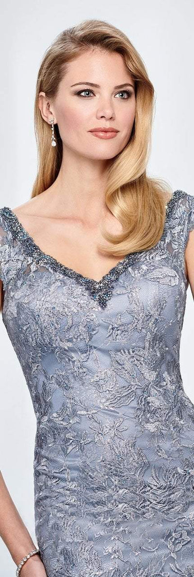 Montage by Mon Cheri - 218901 Embroidered Lace V Neck Evening Gown in Blue