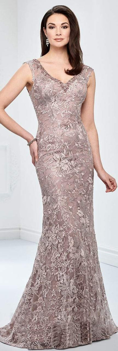 Montage by Mon Cheri - 218901 Embroidered Lace V Neck Evening Gown in Brown