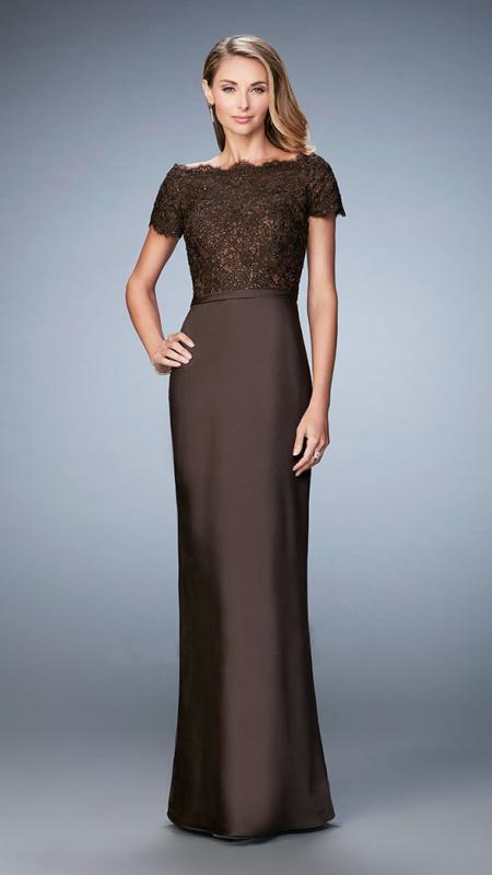 La Femme - 21962SC Off-Shoulder Beaded Lace Sheath Evening Dress