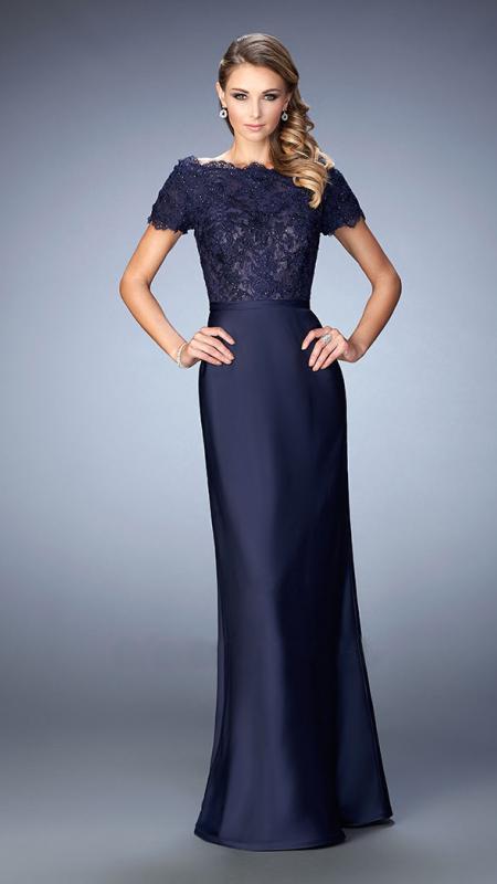 La Femme - Beaded Lace Off-Shoulder Gown 21962 in Blue