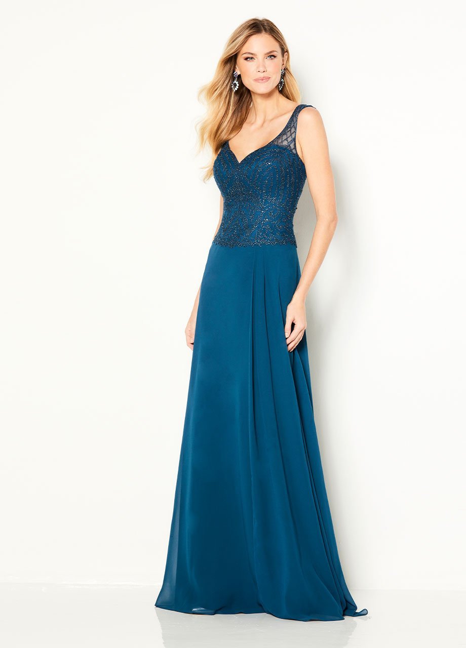 Cameron Blake - Embroidered V-neck Chiffon A-line Dress 219690 In Blue and Green