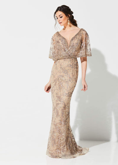 Ivonne D for Mon Cheri - 219D72 Embroidered Kimono Sleeve Lace Gown In Gold and Neutral
