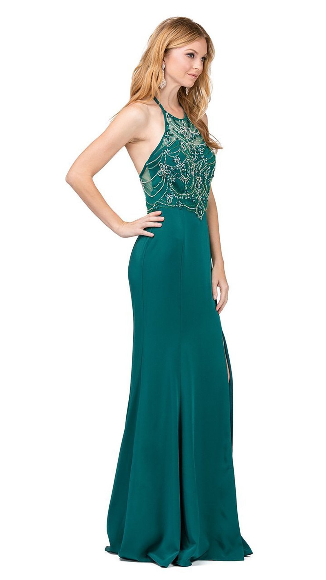 Dancing Queen Illusion Halter Jeweled Garland Motif Sheath Gown - 1 pc Hunter Green In Size M Available In Green