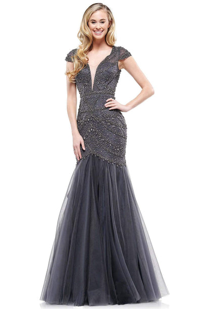 Colors Dress - 2201 Cap Sleeve Jeweled Bodice Trumpet Gown In Gray