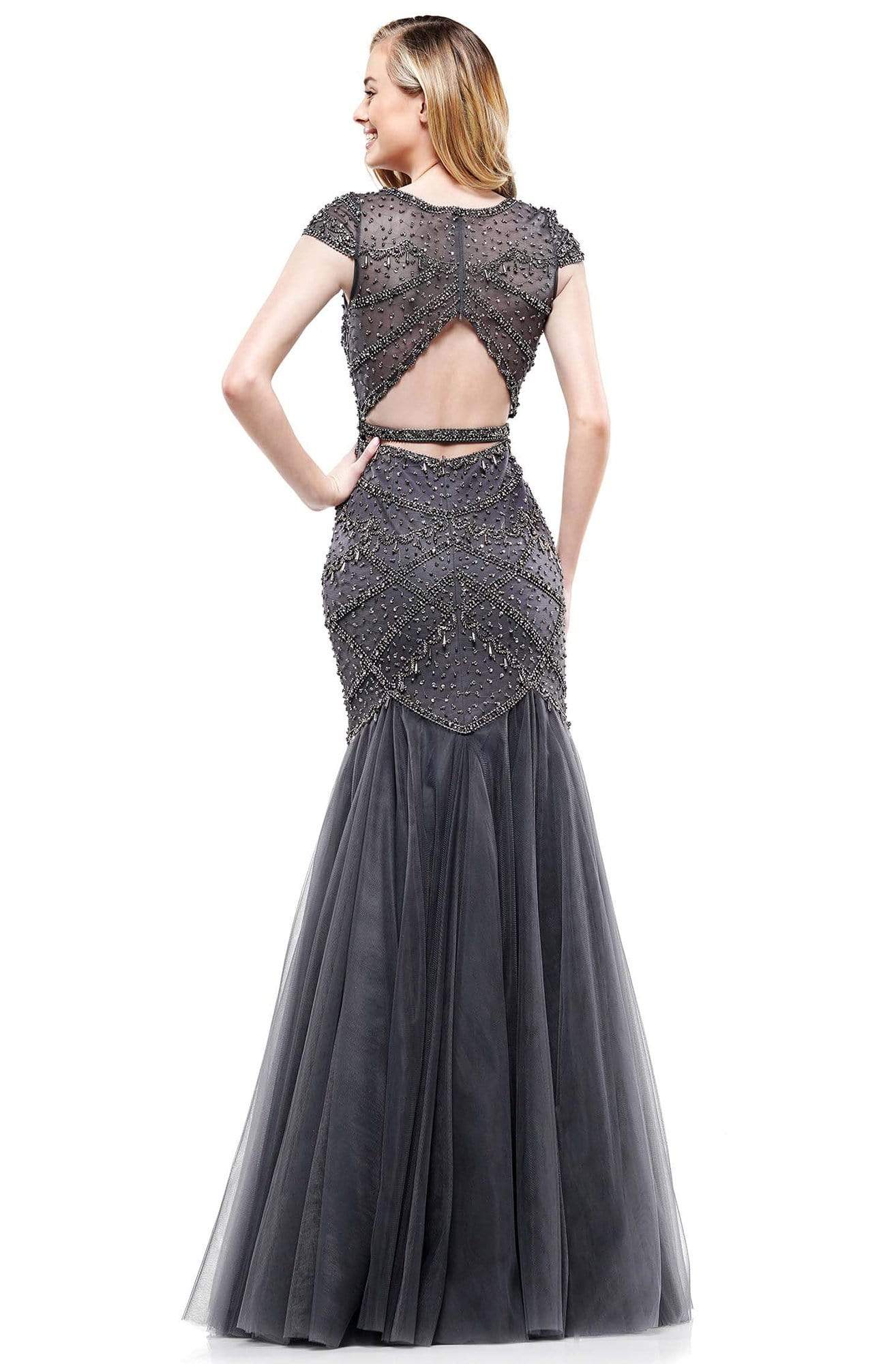 Colors Dress - 2201 Cap Sleeve Jeweled Bodice Trumpet Gown In Gray