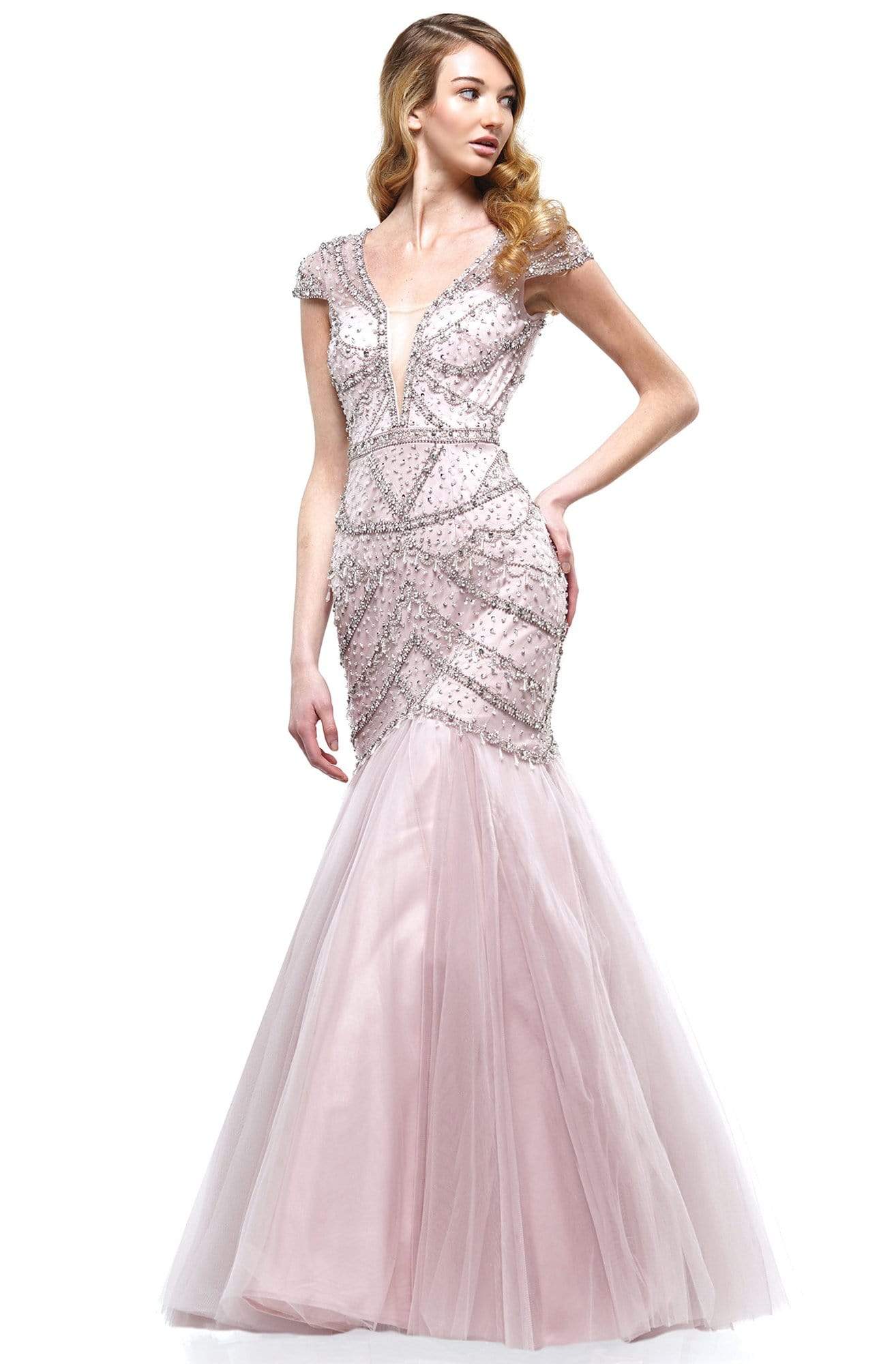 Colors Dress - 2201 Cap Sleeve Jeweled Bodice Trumpet Gown In Pink