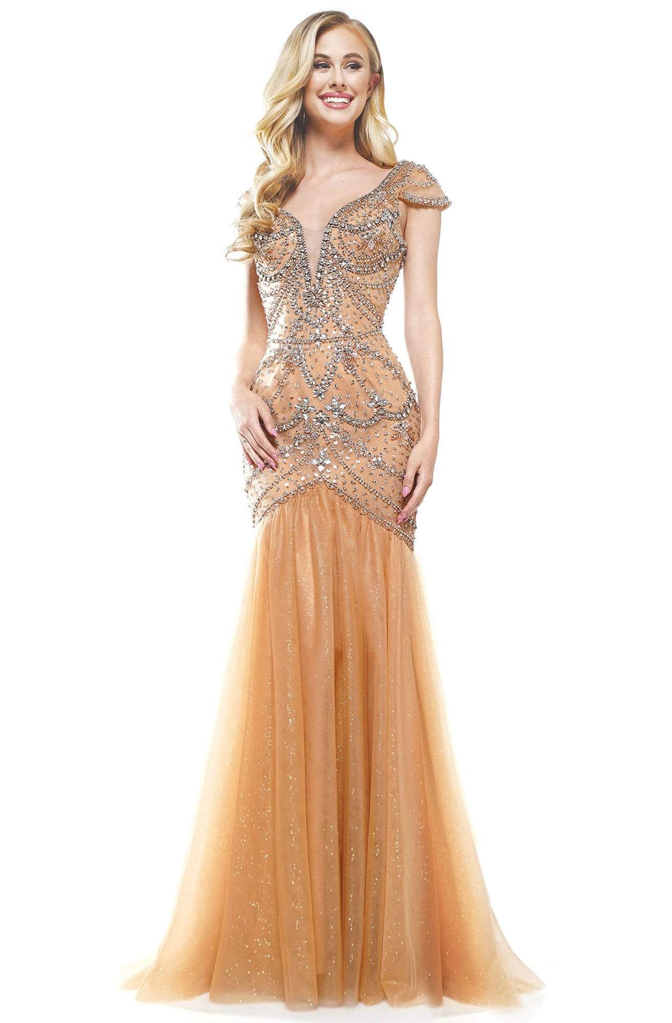 Colors Dress - 2201 Cap Sleeve Jeweled Bodice Trumpet Gown In Neutral