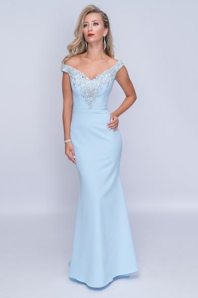 Nina Canacci - 2201 Crystal Beaded Off Shoulder Mermaid Gown In Blue