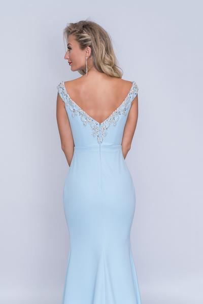 Nina Canacci - 2201 Crystal Beaded Off Shoulder Mermaid Gown In Blue