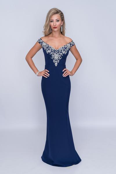 Nina Canacci - 2201 Crystal Beaded Off Shoulder Mermaid Gown In Blue