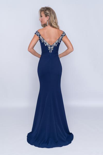 Nina Canacci - 2201 Crystal Beaded Off Shoulder Mermaid Gown In Blue