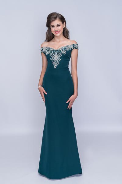 Nina Canacci - 2201 Crystal Beaded Off Shoulder Mermaid Gown In Blue And Green