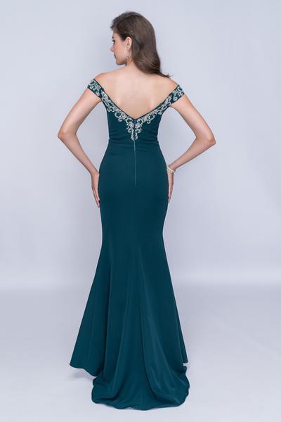 Nina Canacci - 2201 Crystal Beaded Off Shoulder Mermaid Gown In Blue And Green