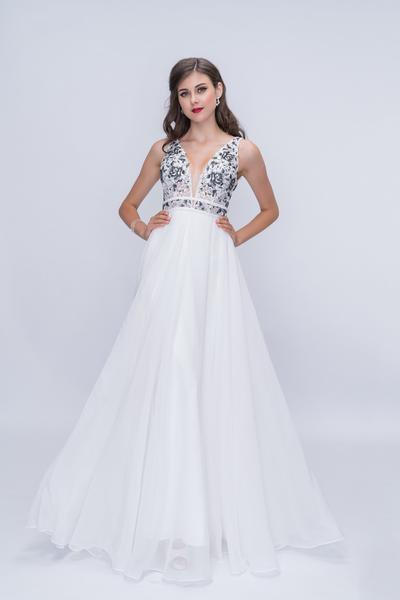 Nina Canacci - 2205 Floral Embroidered Plunging V-Neck Gown In Ivory And Black