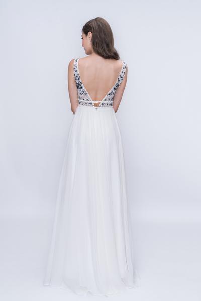 Nina Canacci - 2205 Floral Embroidered Plunging V-Neck Gown In Ivory And Black