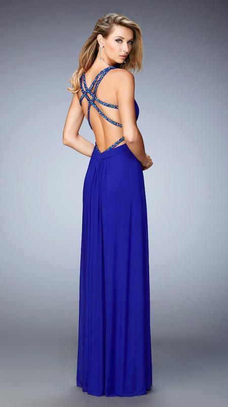 La Femme - V-Neck Long Prom Dress 22089 in Blue