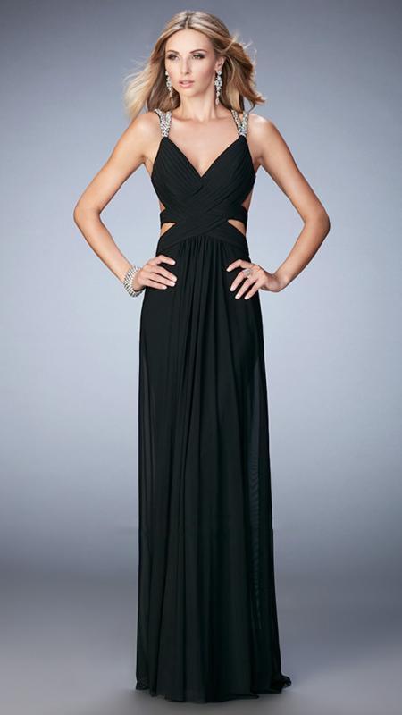 La Femme - V-Neck Long Prom Dress 22089 in Black
