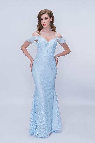 Nina Canacci - 2208 Draped Off Shoulder Floral Lace Gown In Blue