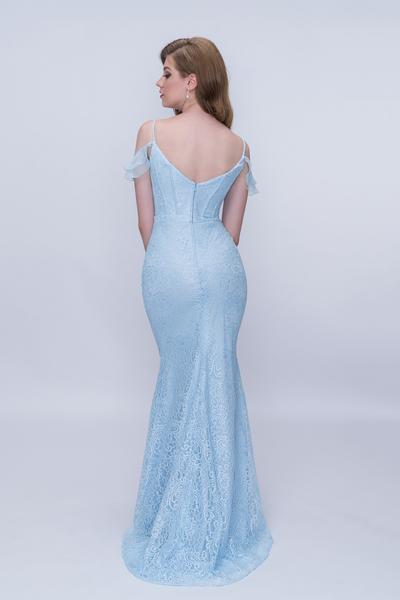 Nina Canacci - 2208 Draped Off Shoulder Floral Lace Gown In Blue