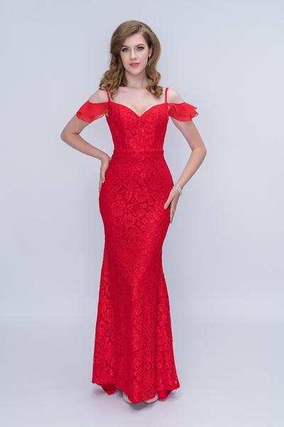 Nina Canacci - 2208 Draped Off Shoulder Floral Lace Gown In Red