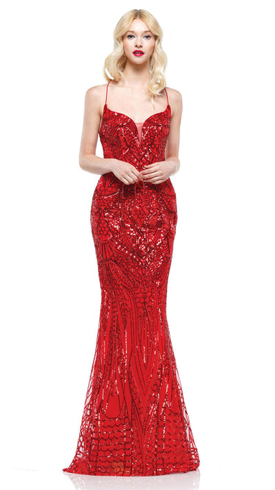 Colors Dress - Lace-Up Back Sequined Mermaid Gown 2212 In Red