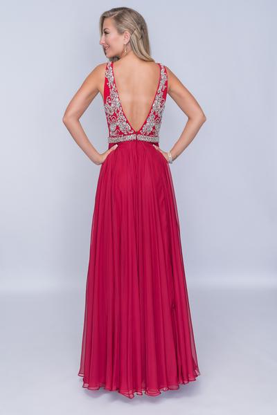Nina Canacci - 2213 Rhinestone Accented Deep V-neck A-line Dress In Red