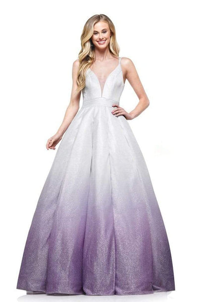 Colors Dress - 2215 Plunging V-Neck Pleated Ballgown In Purple and Multi-Color