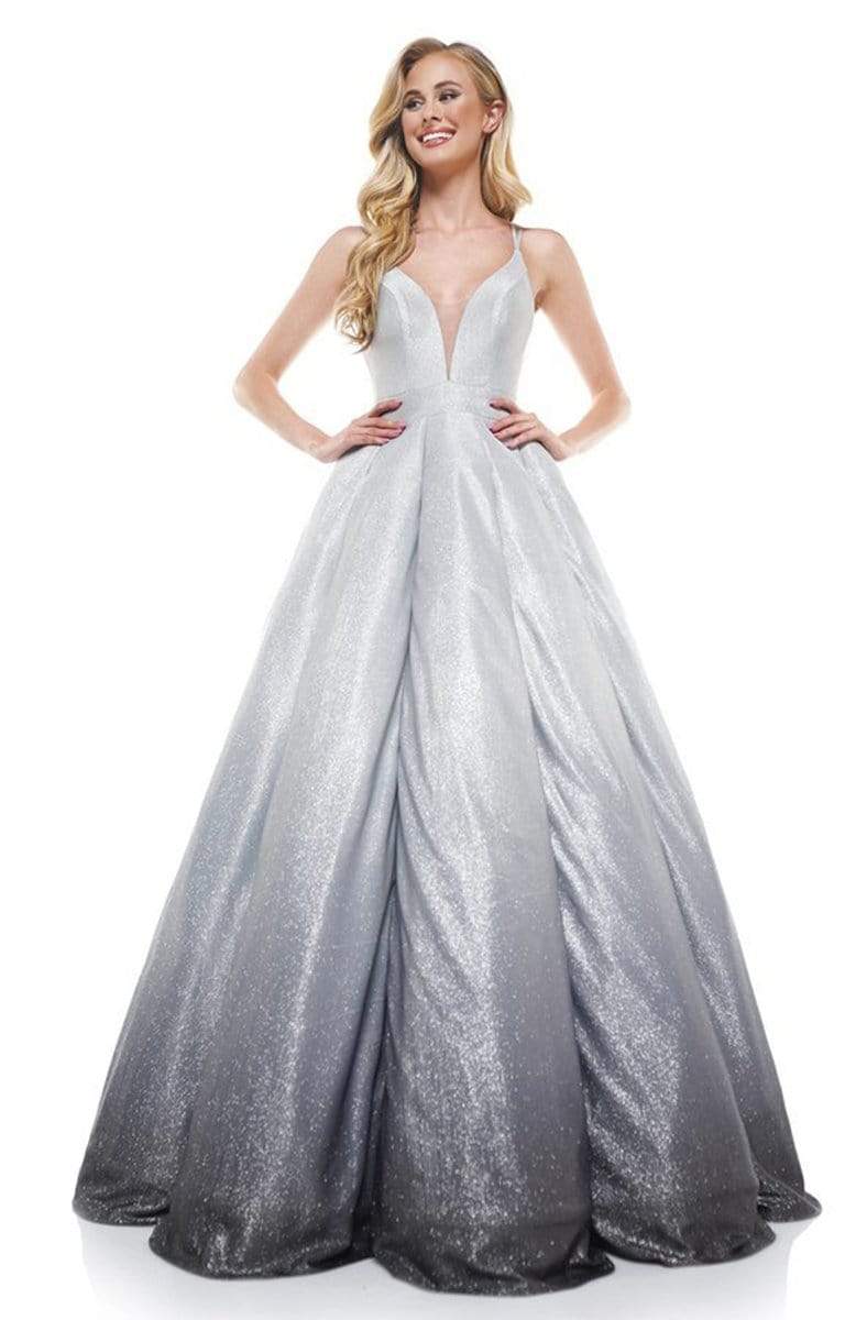 Colors Dress - 2215 Plunging V-Neck Pleated Ballgown In Silver and Black