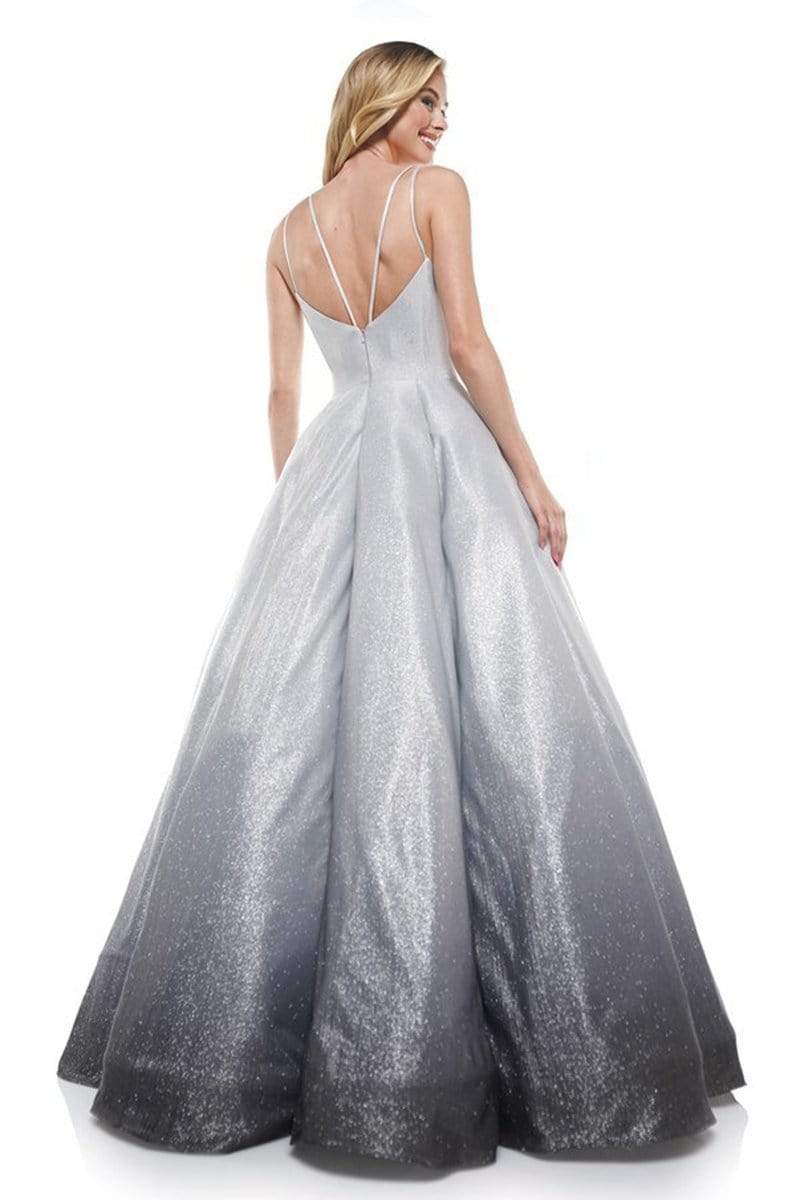 Colors Dress - 2215 Plunging V-Neck Pleated Ballgown In Silver and Black