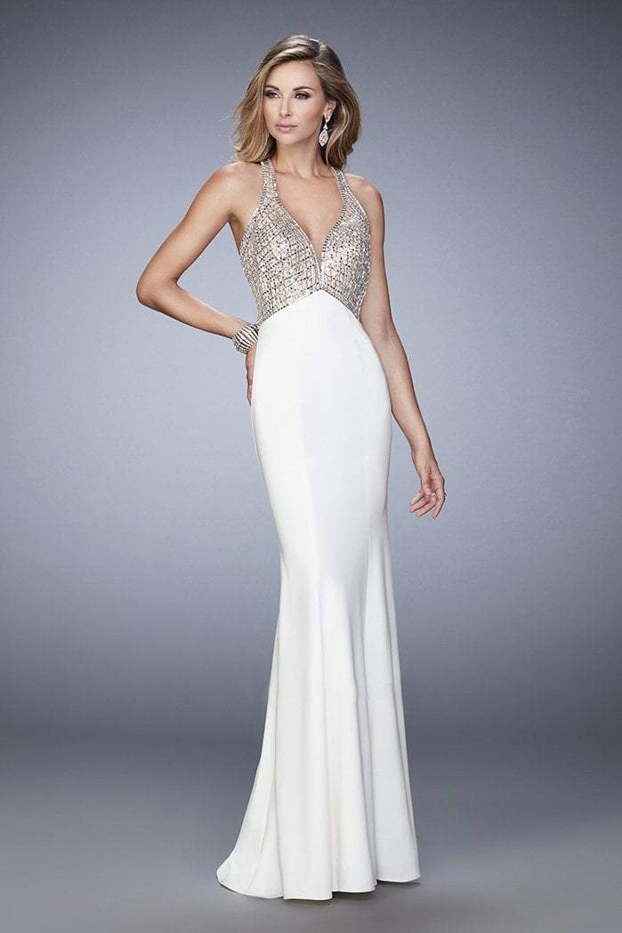 La Femme - 22189 Shimmering V-neck Evening Gown In White