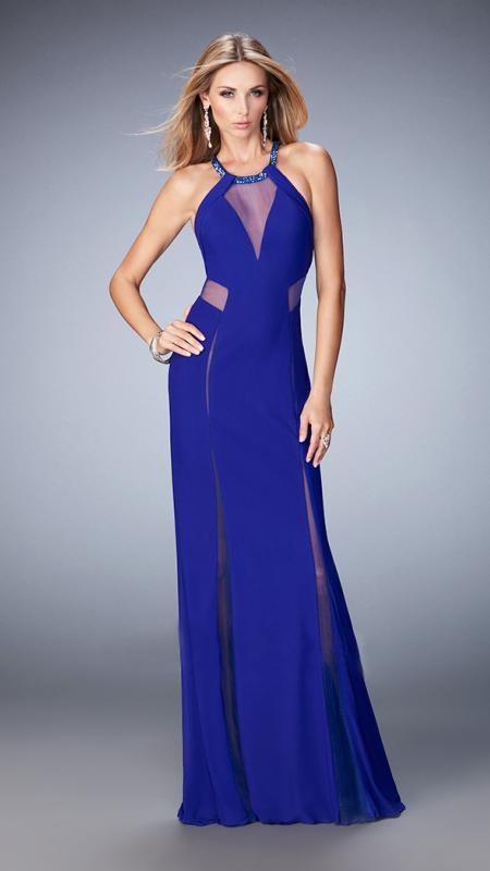La Femme - 22202 Jeweled Halter Sheath Dress In Blue