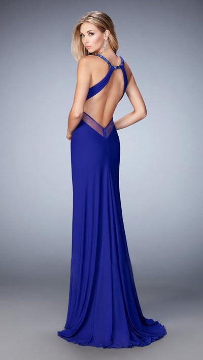 La Femme - 22202 Jeweled Halter Sheath Dress In Blue