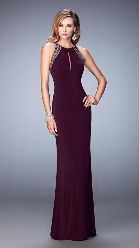 La Femme - 22264 Embellished Halter Jersey Dress In Purple