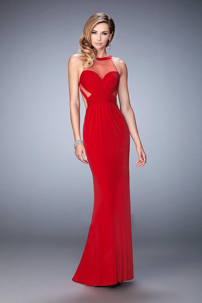 La Femme - 22265 Ruched Halter Sheath Dress In Red