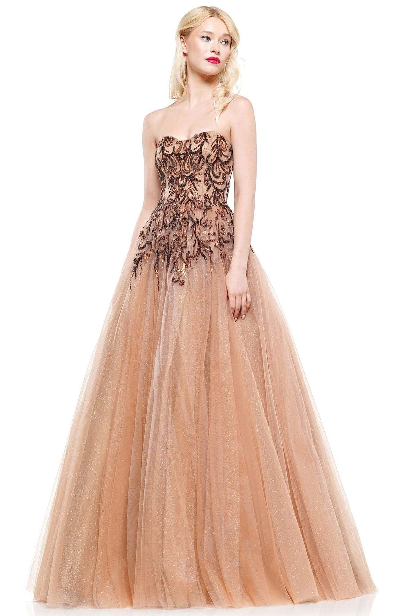 Colors Dress - 2226 Strapless Swirl-Motif Glitter Tulle Gown In Brown