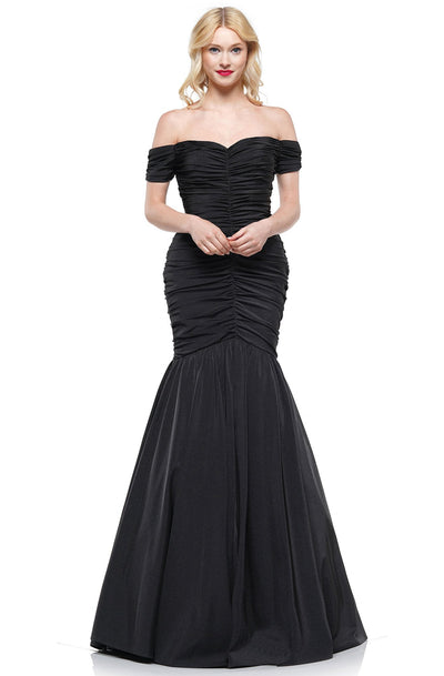 Colors Dress - 2227 Ruched Off Shoulder Mermaid Gown In Black