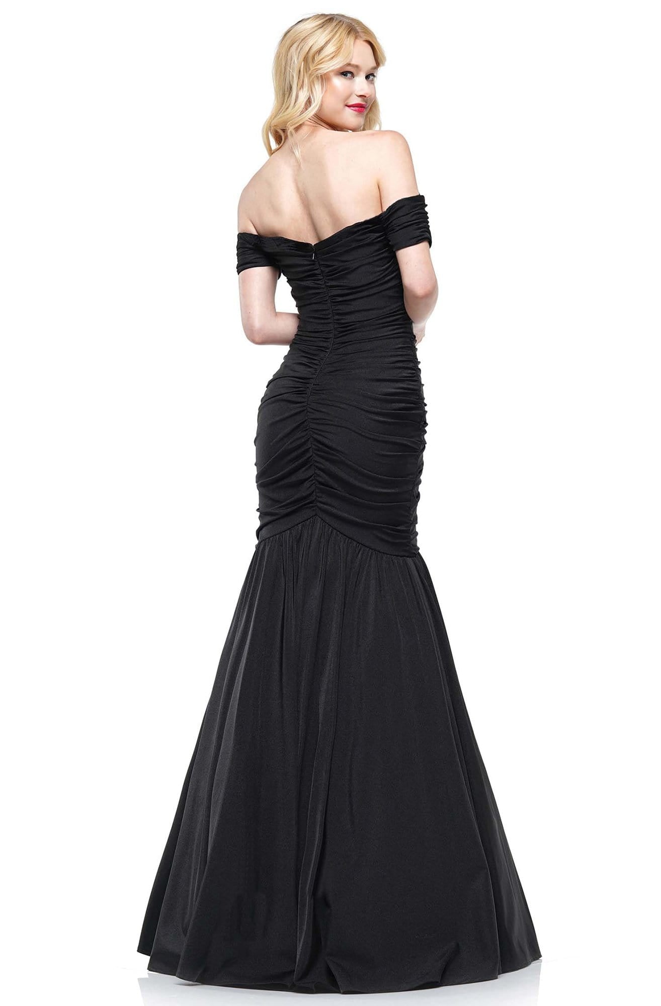Colors Dress - 2227 Ruched Off Shoulder Mermaid Gown In Black