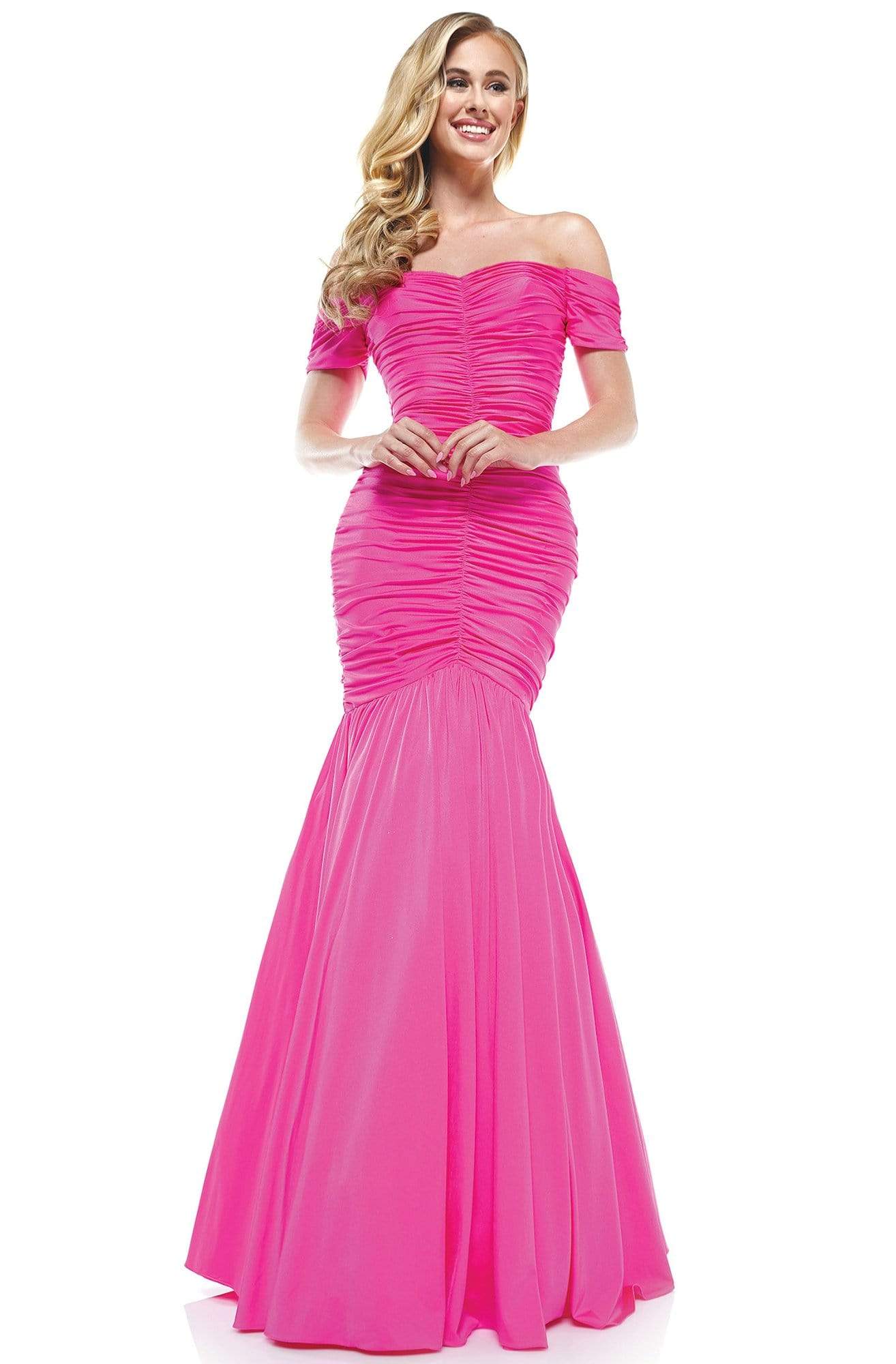 Colors Dress - 2227 Ruched Off Shoulder Mermaid Gown In Pink