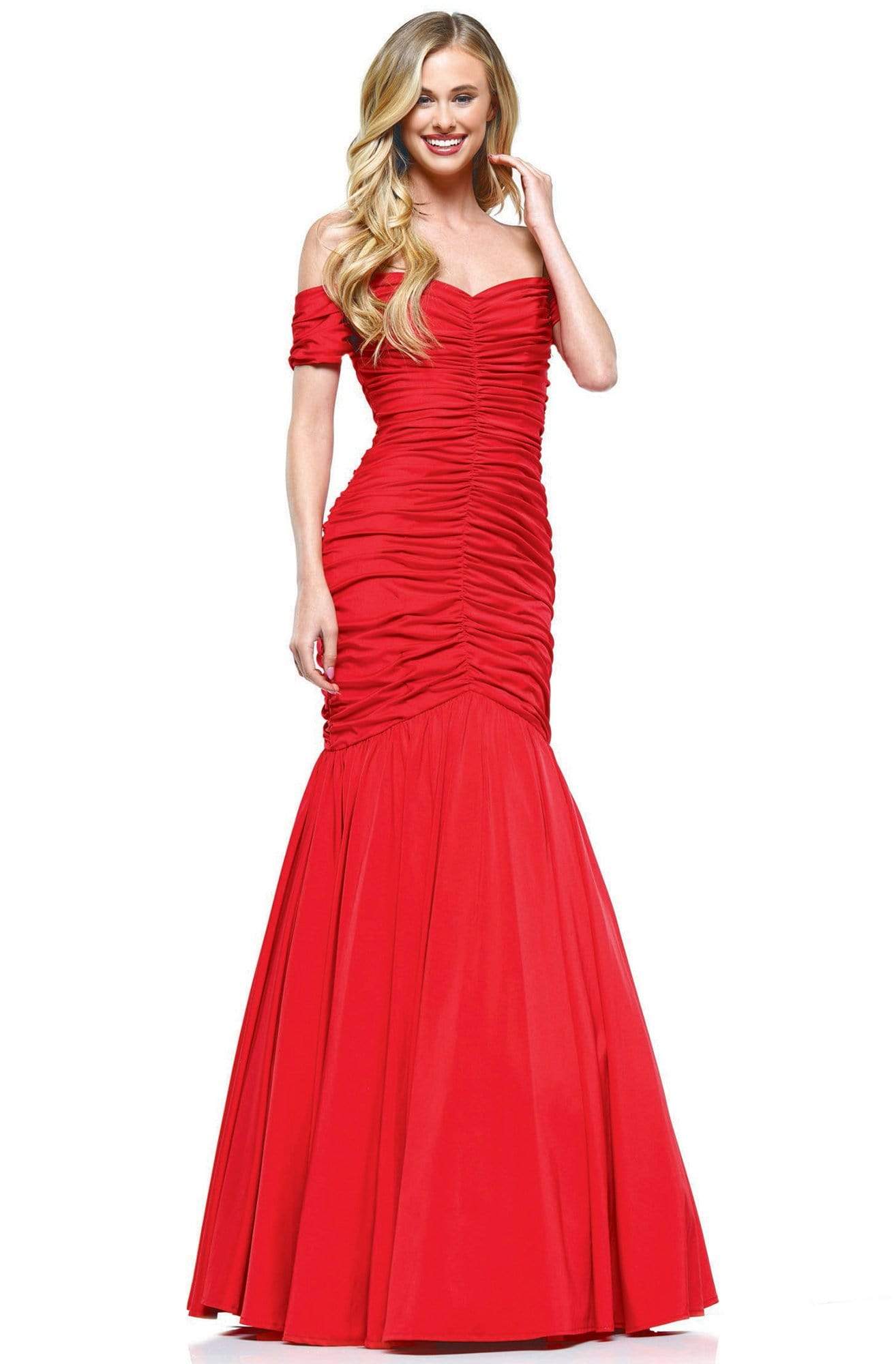 Colors Dress - 2227 Ruched Off Shoulder Mermaid Gown In Red