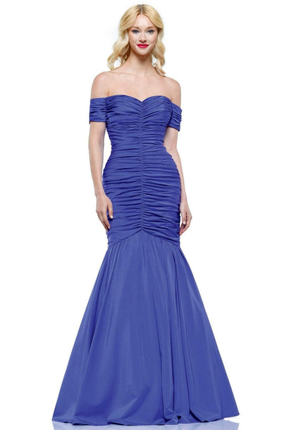 Colors Dress - 2227 Ruched Off Shoulder Mermaid Gown In Blue