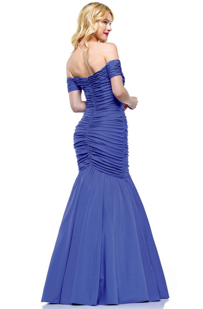 Colors Dress - 2227 Ruched Off Shoulder Mermaid Gown In Blue