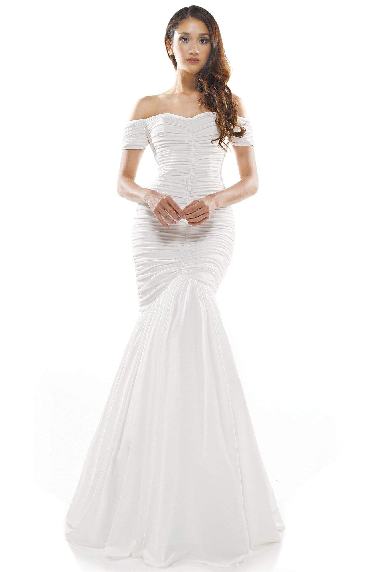 Colors Dress - 2227 Ruched Off Shoulder Mermaid Gown In White