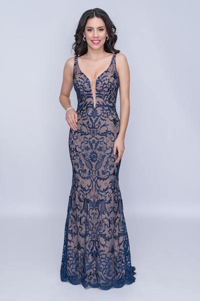 Nina Canacci - 2227 Embroidered Lace Plunging Sheath Gown In Blue And Nude