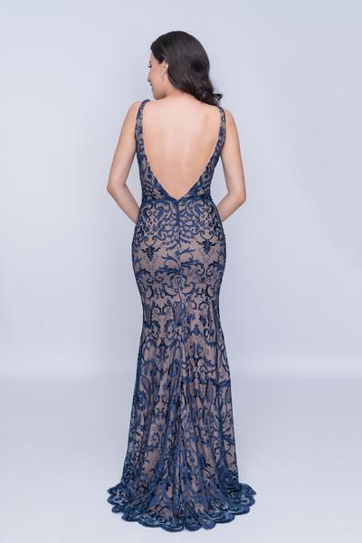 Nina Canacci - 2227 Embroidered Lace Plunging Sheath Gown In Blue And Nude