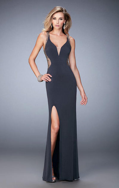 La Femme - 22296 Lovely Sheer Beaded Evening Gown In Gray