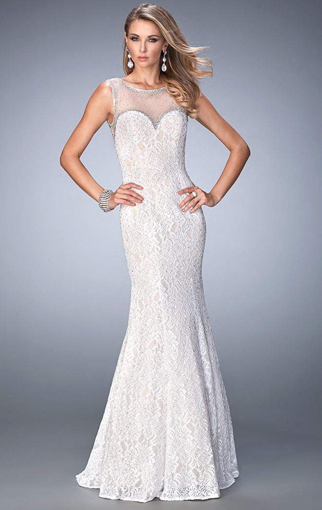 La Femme - 22314 Sleeveless Shimmering Lace Evening Gown In White and Neutral