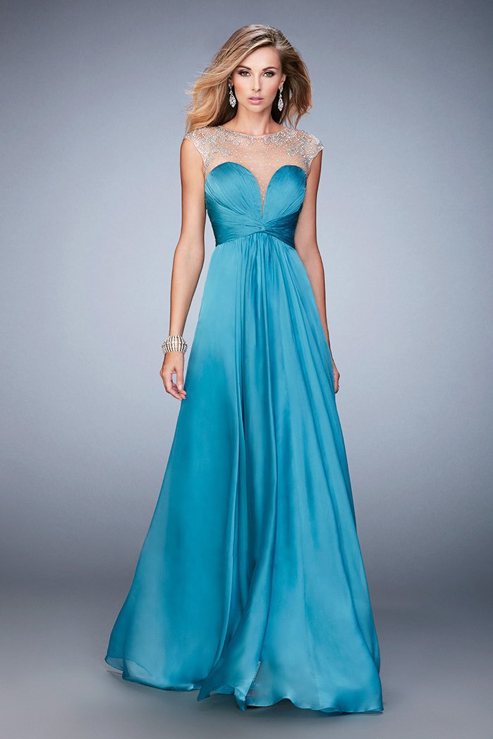 La Femme - 22338 Embellished Ruched Chiffon Keyhole Gown In Blue and Green